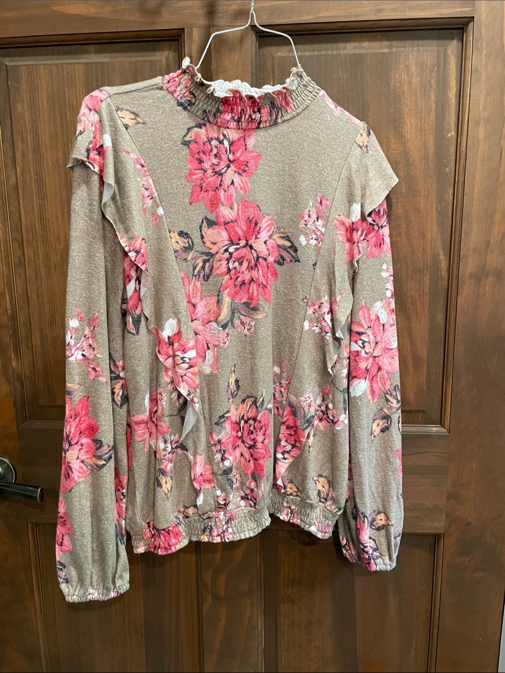 Maurices Pink Floral Ruffle Mock Neck Long Sleeve Top NWOT